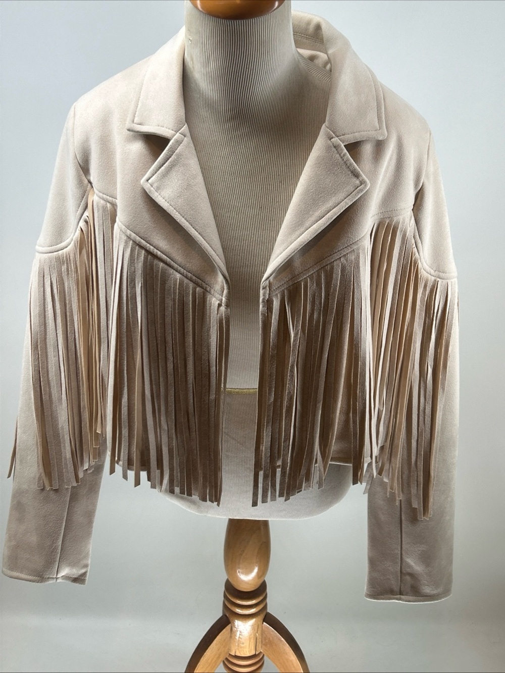Ivory Fringe Cropped  Jacket Tassels Western -Lightweight- Faux Leather Small
